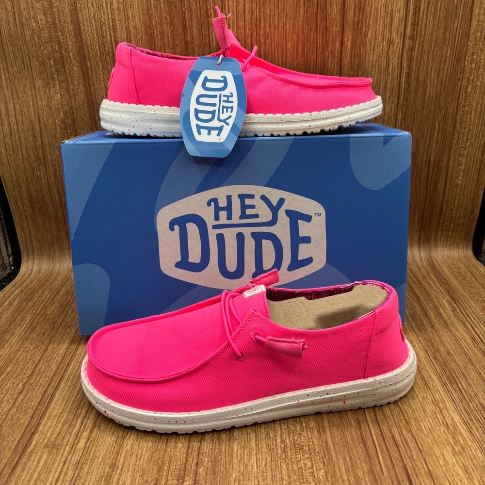 Hey Dude Wendy Stretch Canvas Womens Size 8 Neon Pink New Speckled Sole Loafers - Picture 2 of 6